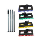 Set of Heavy Duty Deck Brushes in blue, green, yellow, and red, each with coloured bristles and 4-piece handles, displayed together