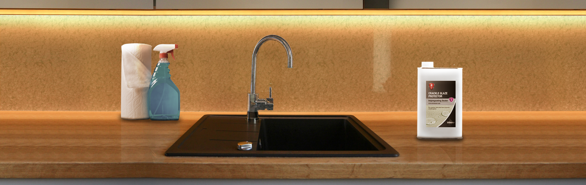 Orange and black kitchen counter with crackle glazed glass. With spray bottle and tissue and LTP Crackle Glaze Protector.