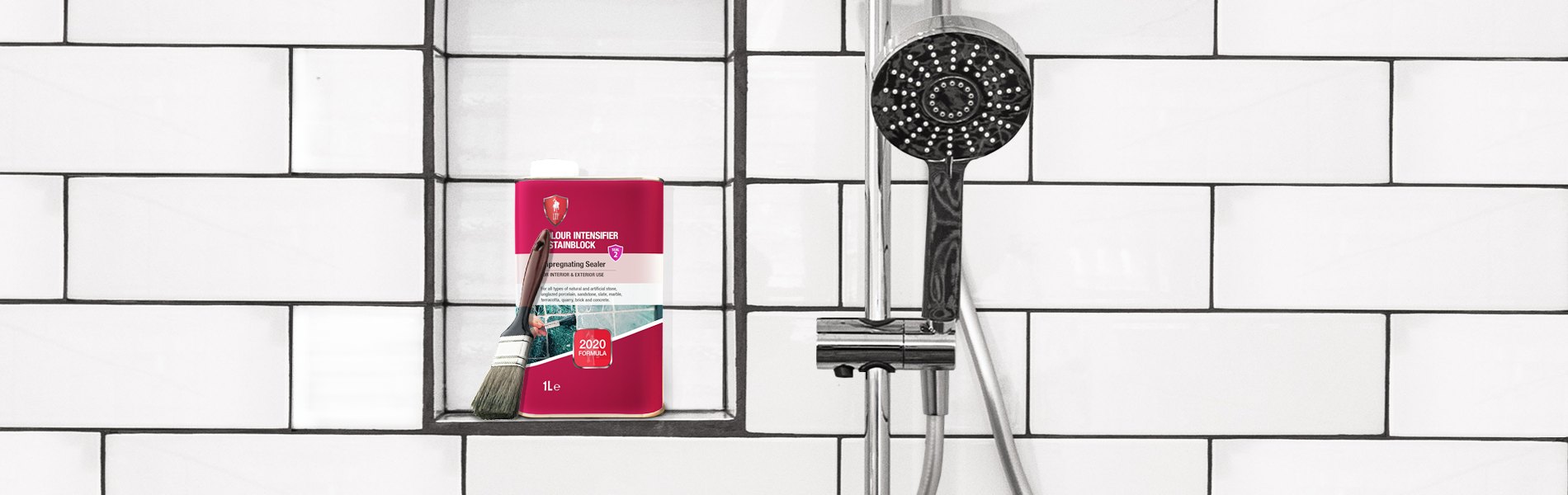 LTP Colour Intensifier and Stainblock with a brush which has just sealed and enhanced some bathroom tiles